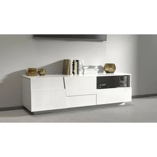 Dmora TV-Ständer Velio, niedriges Wohnzimmer-Kommode mit 2 Türen und 1 Schublade, TV-Ständer-Basis, 150x44x46 cm, glänzendes Weiß
