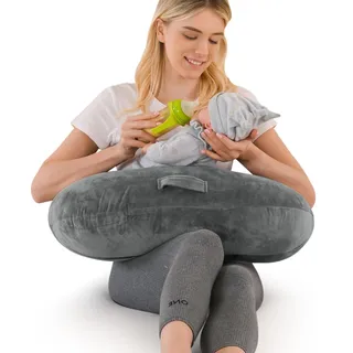 JOVELL Stillkissen, Ergonomisches Multifunktionskissen für Mütter, Bettruhekissen für Erwachsene und Kinder, Extra-Breites Stillkissen mit Tragegriff & Abnehmbarem Kissenbezug (Samt, Grau)