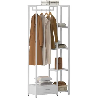 sogesfurniture Kleiderständer mit Kleiderstange, Freistehender Garderobenständer mit 4 Ablage und 1 Schublade zur Kleideraufbewahrung, aus Holz und Metal, 80 * 34 * 180cm, Weiß