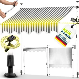 tillvex Klemmmarkise 250 cm Grau/Weiß mit Solar LED mit Handkurbel Balkon | Balkonmarkise ohne Bohren | Markise UV-beständig & höhenverstellbar | Sonnenschutz wasserdicht - Grau, Weiß