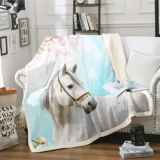 Loussiesd Weißes Pferd Drucken Flanell Fleecedecke Wild Tier Themed Wohndecke Schmetterling Blumendruck Kuscheldecke 130x150cm für Kinder Jungen Mädchen Mikrofaser Natur Themed Decke