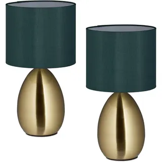 Relaxdays Nachttischlampe, 2er Set, mit Schalter, Fensterlampe, 3 Stufen, E14, Tischlampe, HD: 33,5x18 cm, Messing/grün