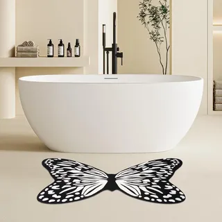 zhxinashu Schmetterlings-Badematte, rutschfest Saugende Matte, 50x80 cm | Schmetterlings Badezimmer Teppich, Schwarz-Weiß Kieselgur-Matte, Dekorativer Teppich für Bad, Schlafzimmer, Flur und Küche