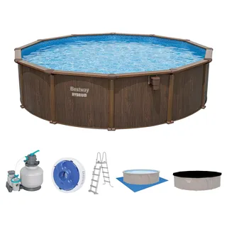 Bestway® HydriumTM Stahlwandpool Komplett-Set mit Sandfilteranlage Ø 549 x 132 cm, Holz-Optik (Palisander), rund - Braun