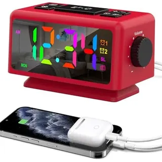 ThreeH RGB Wecker mit Radio 11 Farben Zeitanzeige 12 Stufen Lautstärke & Helligkeit einstellbar Schlaf Sound Maschine 2 USB-Ladeanschlüssen Rot - Weiß