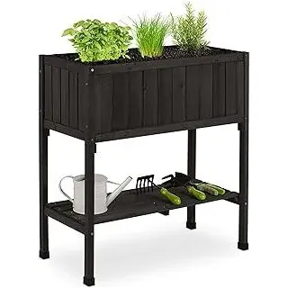 Hochbeet, Folie, Ablage, HxBxT: 80 x 74 x 38 cm, Garten, Balkon & Terrasse, Pflanztisch, Tannenholz, schwarz