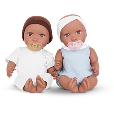 Babi 2 Baby Puppen Zwillinge Mädchen Junge mit Kleidung und Schnuller – Weiche 36 cm Puppen mit dunklerem Hautton und braunen Augen – Spielzeug Set ab 3 Jahre