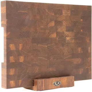 B4K® 43х33x4,3cm mit Ständer Mooreiche-Optik Hackblock aus Stirnholz | Hirnholzbrett mit Griffen und Silikonfüßen | Antibakterielles Hirnholzbrett | Stirnholzbrett | Küchenbrett | Schneidebrett