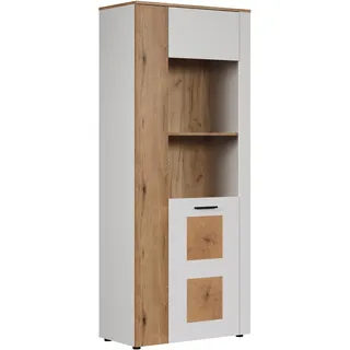 trendteam smart living - Vitoria - Glasvitrine - Weiß matt/Eiche - Vitrine mit Hirnholzapplikationen - (BxHxT) 90 x 146 x 42 cm - mit vertauschbaren Türen - Schrank für Wohnzimmer und Esszimmer