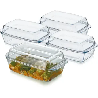 KHG Auflaufformen aus Glas mit Deckel 4er Set 3 Liter Rechteckig für kalte & warme Speisen, spülmaschinenfest, mikrowellengeeignet, Glasbräter Glasform Backform, 35x13x21 cm