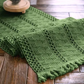 Weldomcor Makramee Baumwollflachs Mesh Tischläufer Grün 30x120cm | Rechteckige Abwaschbar Tischläufer mit Quasten, Boho Vintage Bauernhaus, Ideal für Küche Hochzeit Esszimmer Weihnachtsdeko