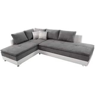 luma-home Ecksofa-Dauerschläfer Doppelbett Boxspring Federkern Topper, Schwenkteil rechts B306/T223/H95 cm , Kunstleder Weiß+Mikrofaser Hellgrau / 15104 , Textil , Füllung: Kaltschaum , Ottomane rechts,L-Form , 306x223 cm , Wohnzimmer, Sofas & Couches, Wohnlandschaften, Ecksofas