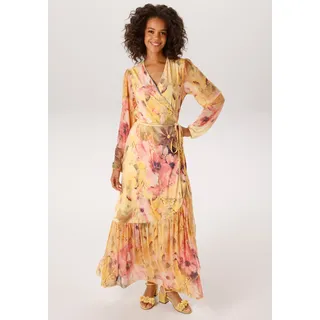 Wickelkleid ANISTON CASUAL, Damen, Gr. 42, N-Gr, gelb, apricot, rosa, moosgrün, orange, oliv, braun, marine, weiß, beere, taupe, Jersey, Obermaterial: 95% Polyester, 5% Elasthan. Volant: 95% Polyester, 5% Elasthan, bedruckt, geblümt, figurumspielend bodenlang, V-Ausschnitt, elastischer Bund mit Gummizug, Kleider Wickelkleid, mit großflächigen Batikblüten bedruckt