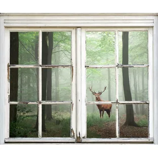 Queence »Hirsch im Wald« Wandsticker, Wandbild, selbstklebend, 3D, Fenster,