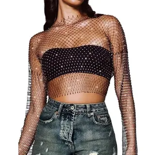 BLPRKOT Tank Top Damen Mesh Crop Top Durchsichtiges Glänzende Netzshirt Fischnetz Strasssteine Cover Up Kristall Sheer Mesh Top Aushöhlen Sparkle Club Wear Sexy Pailletten Netzoberteil (M)