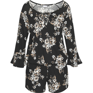 Overall LASCANA, Damen, Gr. 34, N-Gr, beige (schwarz, creme, bedruckt), Jersey, Obermaterial: 100% Viskose, bedruckt, figurumspielend kurz, V-Ausschnitt, Volant, Overalls Overall, mit Volant am 3/4-Arm, kurzer Jumpsuit mit Blumenprint, Topseller