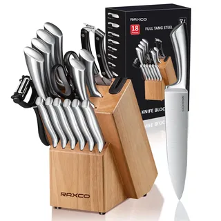 RAXCO Messerblock Set, 18-teiliges Edelstahl Küchenmesser Set - Steakmesser Set, Professionelle Küchenmesser Sets mit Block und Schärfer
