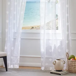 TOPICK Gardinenschals 2er Set Gardinen Wohnzimmer modern Curtains Living Room Vorhänge transparent Seestern weiß H225XB140 cm, Vorhänge kurz maritim Fenstervorhänge Gardinen für Stangendurchzug