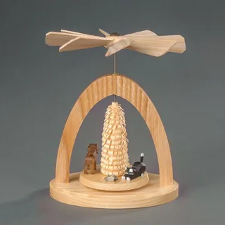 Weihnachtspyramide ALBIN PREISSLER "Wärmespiel mit Katze, Maus, Hund und Bäumchen", beige (natur), B:11cm H:13cm T:7cm, Massivholz, Weihnachtspyramiden, Weihnachtspyramide, Weihnachtsdeko aus Holz, Handwerkskunst aus dem Erzgebirge