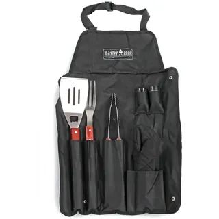 MasterCook Professionelles Grillzubehör-Set aus Stahl mit Grillschürze, BBQ-Zubehör-Set mit Zange, Gabel, Spatel und Handschuh, Grillzubehör