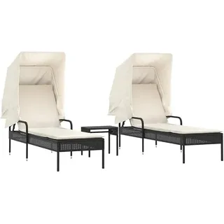 2er Set Sonnenliegen mit Dach und Tisch Schwarz Poly-Rattan Gartenliege verstellbar mit Kissen in Cremeweiß Relaxliege Sonneninsel für Garten und Terrasse - Schwarz