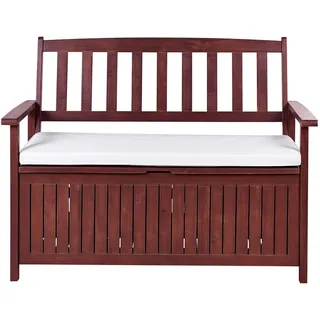 Beliani Gartenbank Akazienholz mahagonibraun mit Stauraum Auflage cremeweiß 120 cm Sovana , Holz , 120x91x60 cm , Gartenmöbel, Gartenbänke