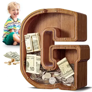 Summidate Spardose für Kinder Junge, Personalisiert Holz Großes Sparschwein, Unzerbrechliches Buchstabe A-Z Sparbüchse für Kinder Mädchen, Erwachsene, Geschenk&Dekoration