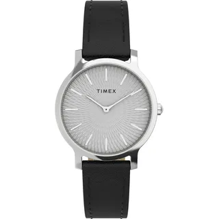 Timex TW2Y07000 Trend Damenuhr, 34 mm, silberfarbenes Gehäuse, silberfarbenes Zifferblatt, schwarzes Lederarmband mit Schnellverschluss