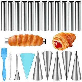 HavaCue 21 Stück Cannoli Backform Sets, Edelstahl Schaumrollenformen Klein, Cannoli Formen, Schillerlockenform mit Reinigungsbürste, Gebäckbeutel, Crememund für Cannelloni Schillerlocken