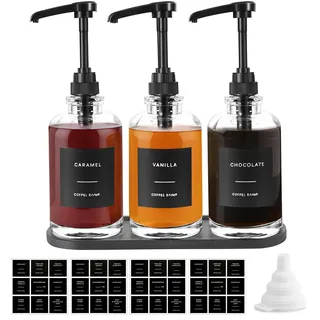 Sunal Kaffeesirupspender mit Tablett, Set mit 3 Glas-Sirupspendern mit 0,6 l großer Pumpe, wasserdichten Etiketten und Trichter, 500 ml Sirup-Pumpflasche für Kaffeebar und Küche (schwarz)