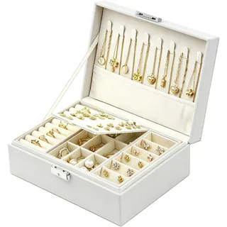 Homeanda Schmuckkästchen mit Schloss - Große Schmuckschatulle aus Leder für Damen, Schmuckbox mit 2 Ebenen (Weiß)