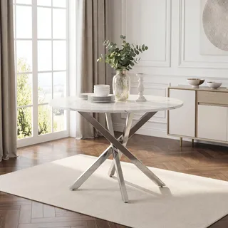 MODFU Runder Esstisch 80 cm mit Marmorplatte, Verchromten Silberbeinen und modernem Kreuzgestell, Eleganter Küchentisch für Esszimmer, Weiß/Silber - Silber