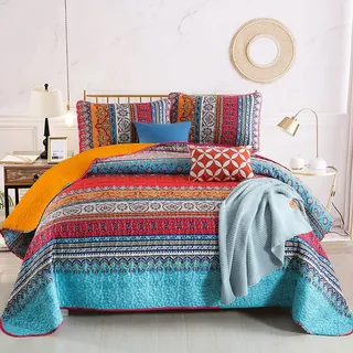 WONGS BEDDING Boho Quilt California King Size, Orange und Blau, Bohemian California King Size, Übergröße, Ganzjahres-Tagesdecke, Klettverschluss, 243.8x269.2 cm (3 Stück)