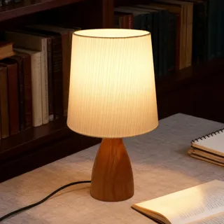 Aukimo Nachttischlampe Tischlampe Holz, Beige Leinenlampeenschirm mit goldenen Streifen, E14 Fassung mit 3000K LED-Birne, Vintage Tischleuchte für Schlafzimmer, Wohnzimmer, Büro
