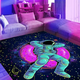HOLAVIDA Schwarzlicht Astronaut Kinder Teppich, UV-reaktiver Neonbereich, rutschfeste Fluoreszierende Bodenmatte, Leuchtet im Dunkeln, Raumdekoration für Spielzimmer Schlafzimmer Wohnzimmer 180x120cm