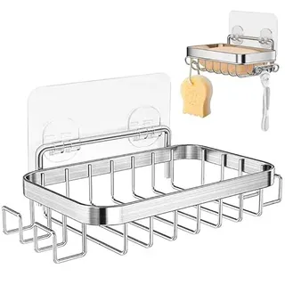 304 Edelstahl Seifenhalter Seifenablage Ohne Bohren mit 4 Haken Seifenschale Dusche Wandmontage,Bohrfreie Seifenhalter Edelstahl Selbstklebend Seifenschalen Seifenspender Wandbefestigung