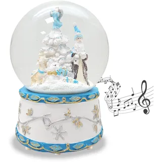 Schneekugel Weihnachten Spieluhr | Weihnachtsmann blau weiß Silber | Sockel Weihnachtsstern | mit Musik Stille Nacht, heilige Nacht | H:16 cm B: 12 cm | Schüttelkugel | 20017
