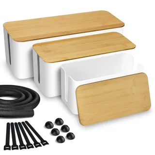 Lannvan Kabelbox - 3er Set aus ABS-Kunststoff mit Bambusdeckel - Schreibtisch Organizer zum Kabel Verstecken - Kabelmanagement Box Groß, Medium & Klein (Weiß)
