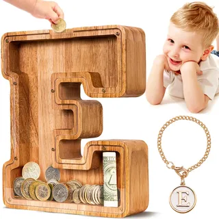Summidate Spardose für Kinder Junge, Personalisiert Holz Großes Sparschwein, Unzerbrechliches Buchstabe A-Z Sparbüchse für Kinder Mädchen, Erwachsene, Geschenk&Dekoration