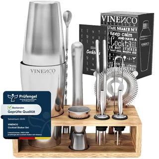 Cocktail Shaker Set Boston mit Ständer & Rezeptbuch: Premium Edelstahl Bar Cocktailset Cocktailshaker Messbecher Strohhalme Barlöffel Stößel | Barkeeper Barset Cocktail-Zubehör Geschenk Frauen Männer