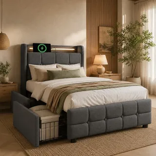 Flieks Polsterbett 90x200cm mit USB und Steckdosen, Jugendbett Einzelbett mit 2 Schubladen, Stauraumbett Massivholzbett mit LED und Lattenrost, Leinen, Grau - Grau