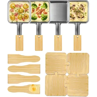 Kosmosta 4er Set Edelstahl quadratische Raclette-Käsepfannen mit verlängertem Griff & Bambusgriff, 4 Bambusspatel & Untersetzer, ohne Beschichtung, für Raclette-Grills & Partys