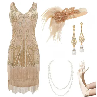 BABEYOND Damen Flapper Kleider 1920er Jahre V-Ausschnitt Perlen Fransen Great Gatsby Kleid, Set - Champagner-Gold, L