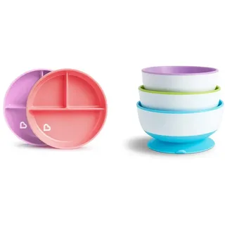 Munchkin Stay Put Schalen mit Saugfuß, 3er-Pack, Blau/Grün/Lila & Stay Put Teller mit Saugnapf, rosa/violett