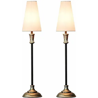 LOBERON Tischlampe 2er Set Obsonville, silber/schwarz/creme | Schlanke, hohe Form, Holzelemente mit antiksilberfarbenem Finish, Klassischer Tütenschirm