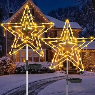 Joycome Stern Weihnachtsbeleuchtung Außen Solar 2 Stück 75 LED Gartenstecker Weihnachten Beleuchtet, 8 Modi Weihnachtsstern Außen Wetterfest Stern Beleuchtet for Garten Weg Balkon Weihnachtsdeko