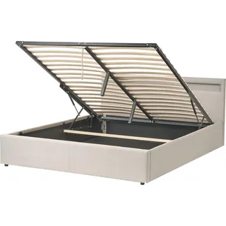 BELIANI Bett Beige Stoff mit Bunter LED-Beleuchtung Bettkasten Lattenrost 160x200 cm Hochklappbar Hohes Kopfteil Modern Polsterbett Stauraumbett - Beige, Bunt