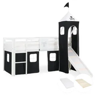 Homestyle4u Hochbett 90/200 cm Pirat mit Lattenrost + Matratze , Weiß, Schwarz , Holz , Babymöbel & Kindermöbel, Kinderzimmer & Jugendzimmer, Kinderbetten, Hochbetten