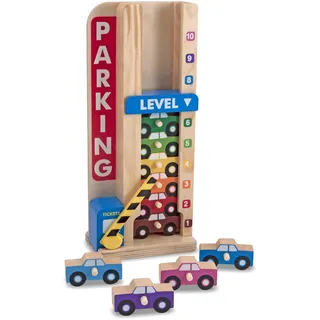 Melissa & Doug 15182 Parkhaus aus Holz zum Zählen und Stapeln mit Farzeugen (12 Teile)