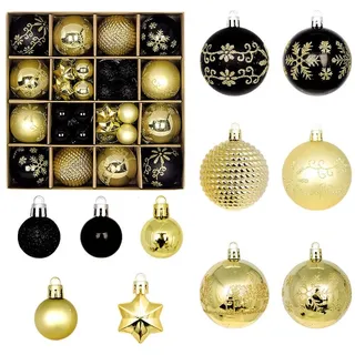 44 Stück Weihnachtsbaumkugeln, Weihnachtskugeln Kunststoff Set mit Schlüsselband für Christmas Decorations Festival Dekore Weihnachtsbaumschmuck(Schwarz & Gold)